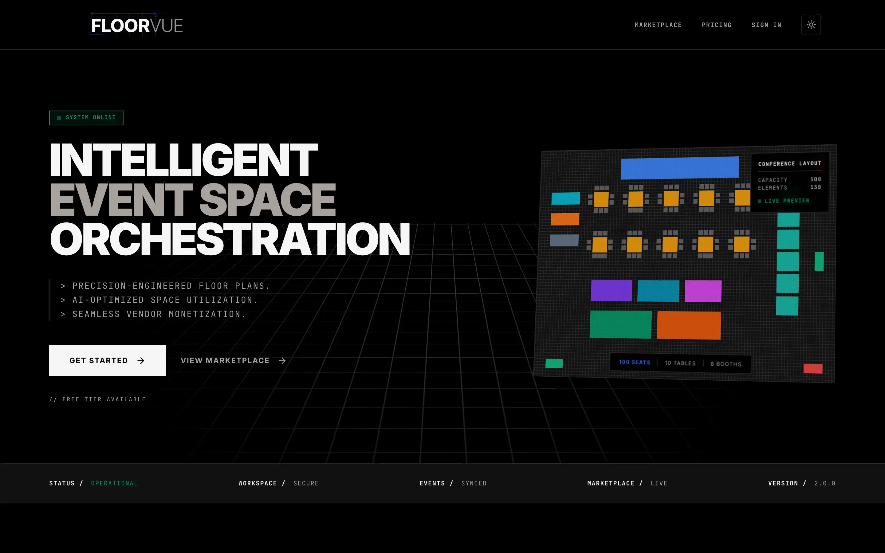 FloorVue — landing page with floor plan canvas